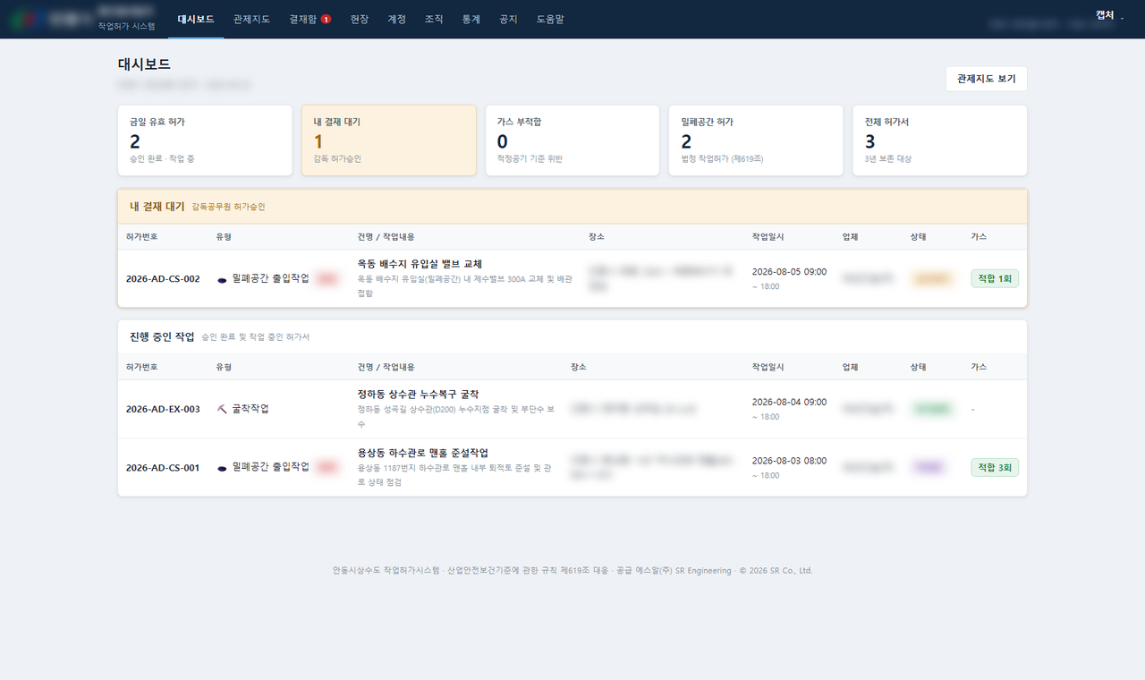 SR-PTW 작업허가시스템 실제 화면